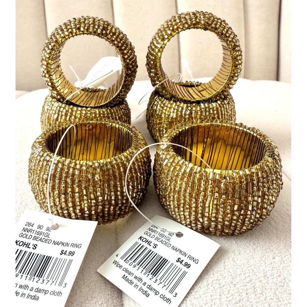NAPKINS RINGS Set of 6 Gold Beaded Wired Napkin Rings NEW